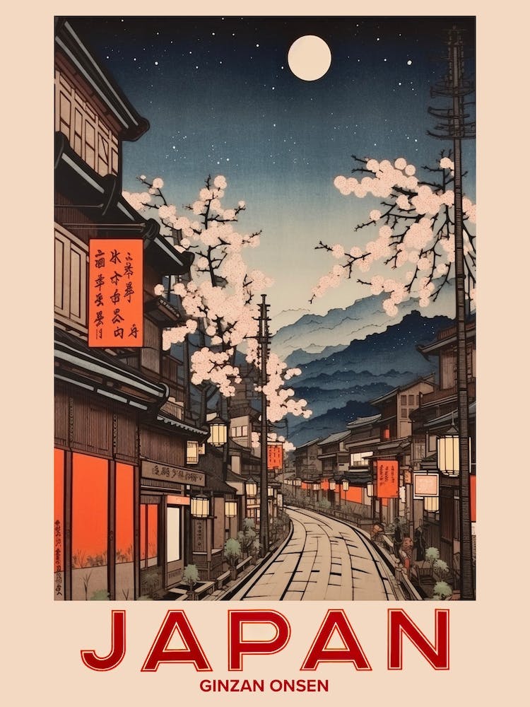Ginzan Onsen, Visit Japan Vintage Travel Art 1