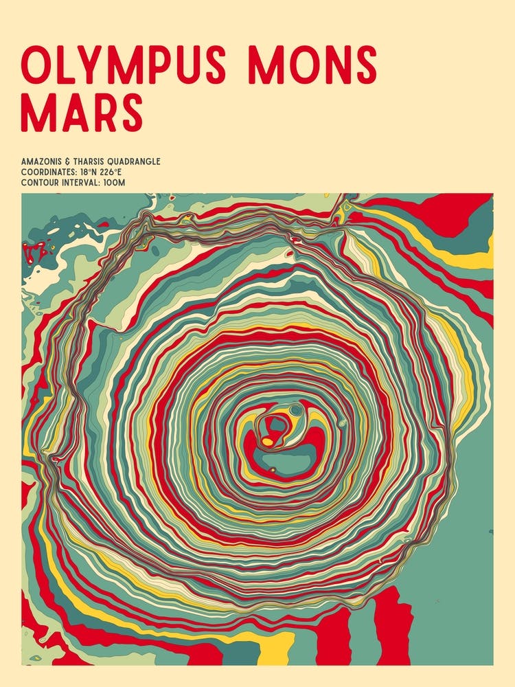 Olympus Mons Mars Topographic Contour Map