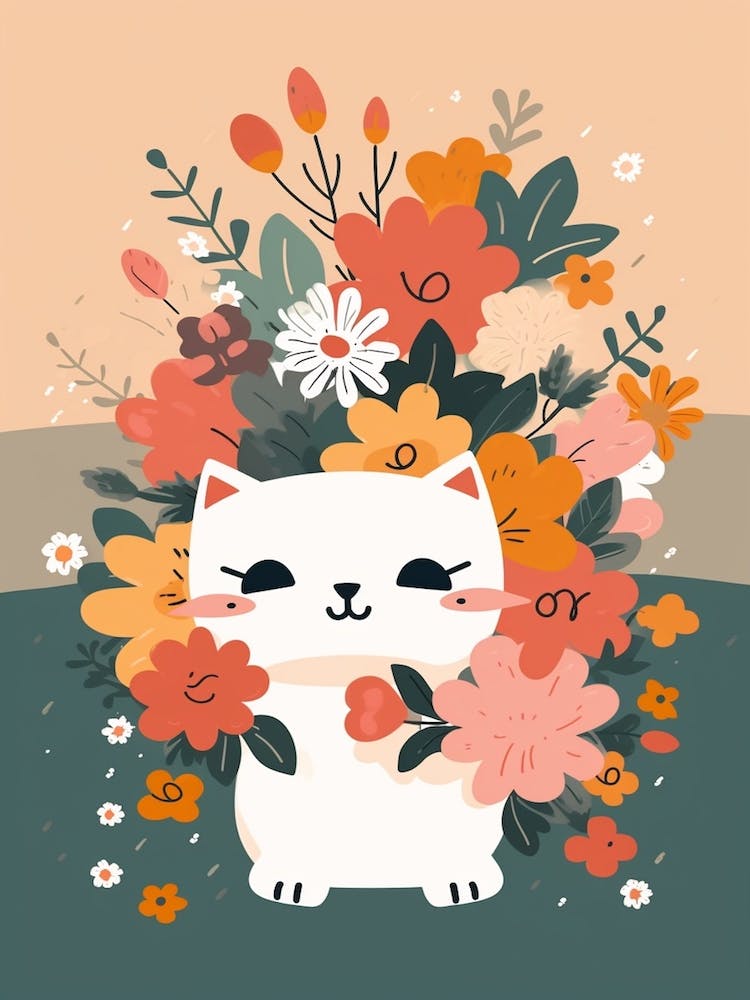 Flower Bouquet With A Cat Kawaii Illustration 3