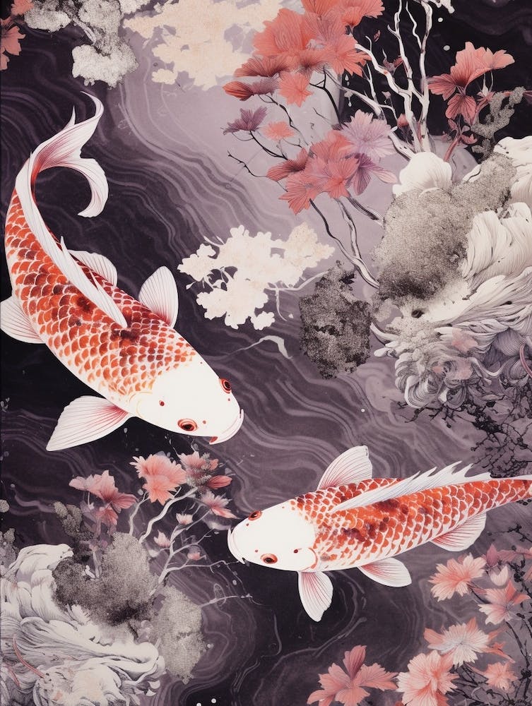 Pink And Purple Koi Fish Watercolour With Botanicals 2