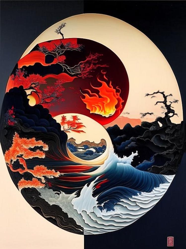 Fire And Water 5, Yin and Yang Japanese Ukiyo E Style