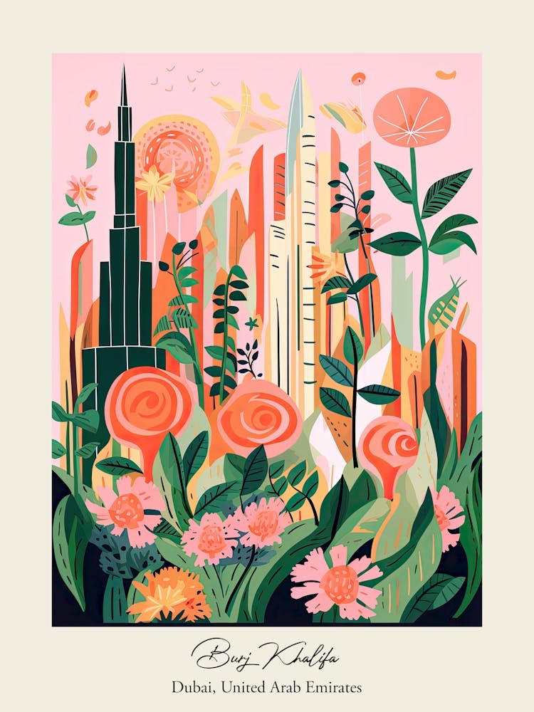 Burj Khalifa   Dubai, United Arab Emirates   Cute Botanical Illustration Travel 1 Poster