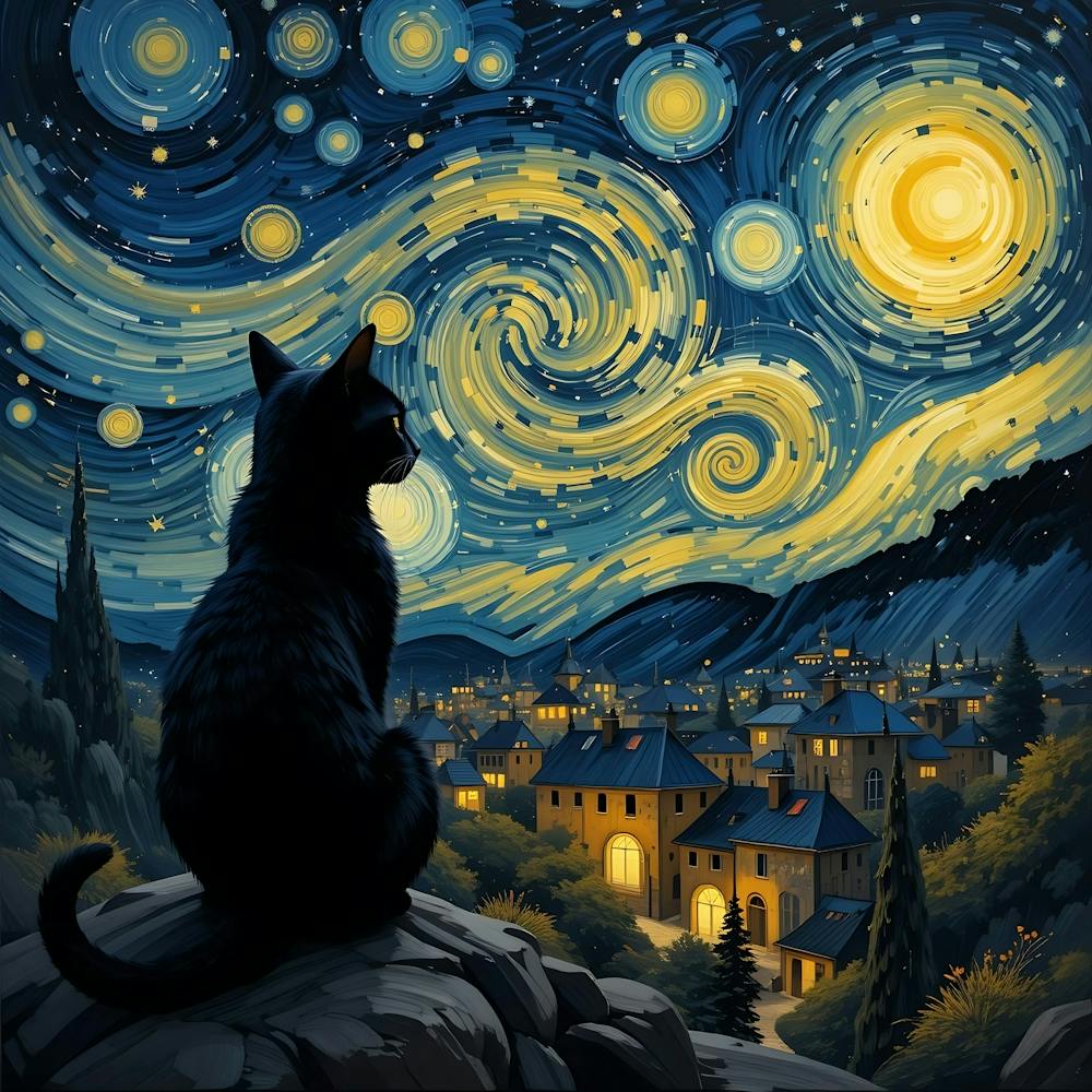 Van Gogh Inspire Cat Sitting Starry Night 1
