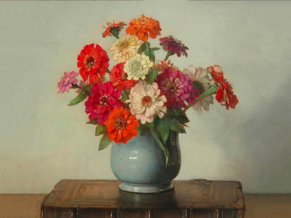 Flowers In A Blue Vase, Zinnias, Floral Still Life Vintage Art