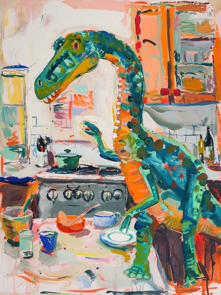 Dinosaur Cooking In The Kitchen Blue Brushstrokes 2