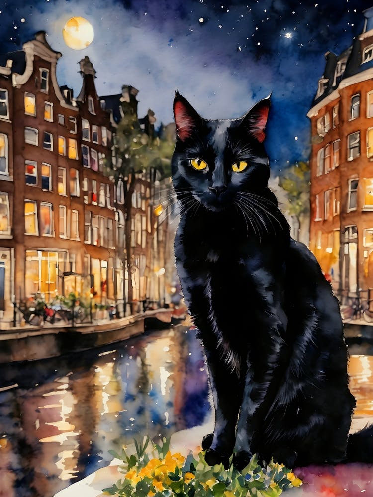 Black Cat in Old Amsterdam - Black Cat Travels Series - Iconic Holland Dutch Netherlands Canals Cityscapes Traditional Watercolor Kitty Travels Home and Room Wall Art Cool Decor Klimt and Matisse Inspired Modern Awesome Cool Unique Pagan Witchy Witches Fa