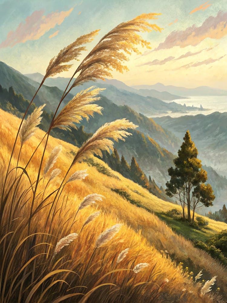 Oil Painting Style Golden Grasses Swaying In Wind