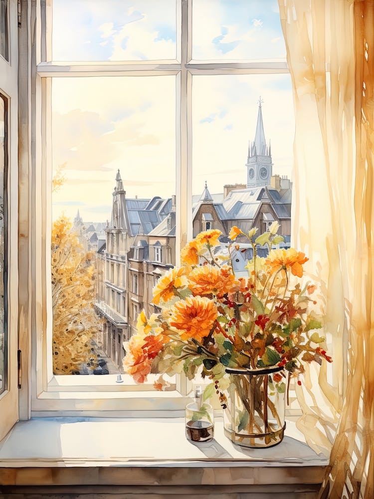 Window View Of Reykjavik Iceland In Autumn Fall, Watercolour 1