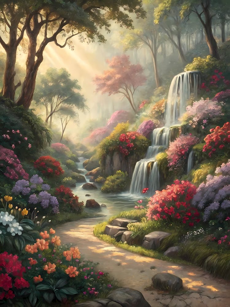 Magical Garden with Waterfall Oil Painting Style