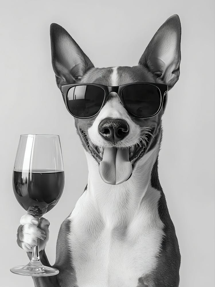 Basenji Drinking Wine Wall Art, Black And White Print, Basenj Gift, Alcohol Print, Funny Dog Poster, Bar Cart Print, Kitchen Wall Decor