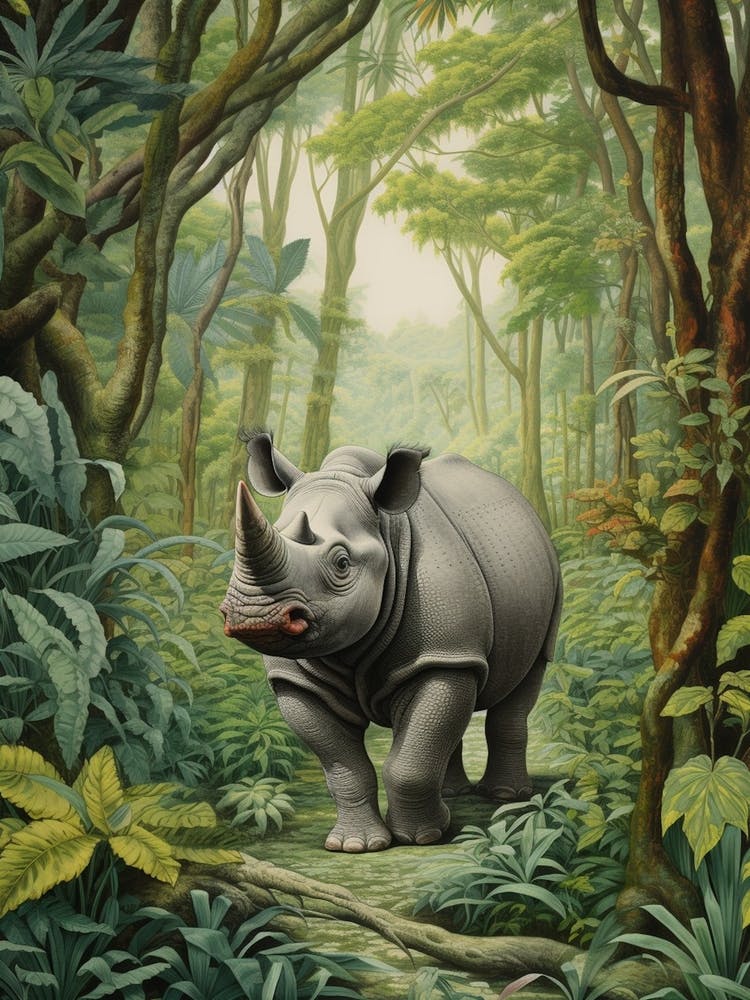 Rhino In The Green Leaves Realistic Illustration 7