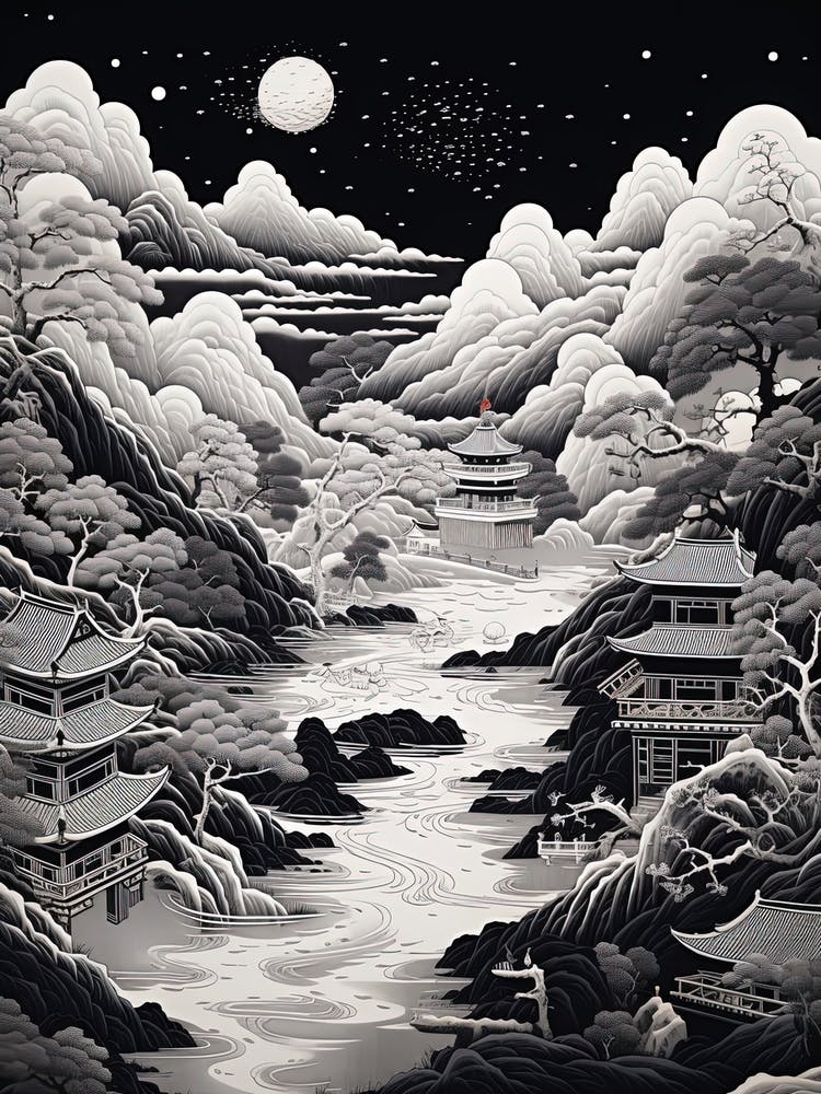 Shikoku Pilgrimage In Shikoku, Ukiyo E Black And White Line Art Drawing 2