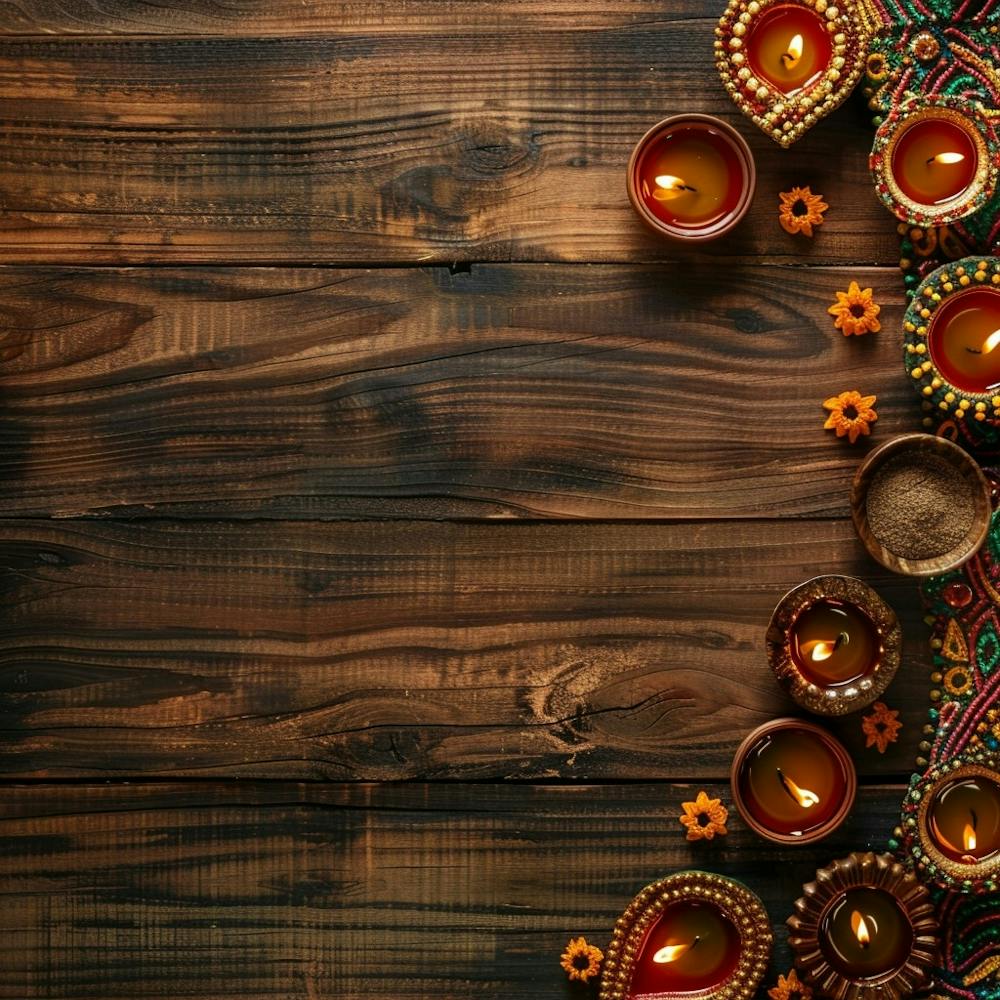 Diwali Themed Wooden Table From Above Showcasing 1718