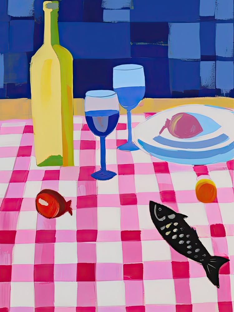 Gemälde Eines Tisches Mit Essen Und Wein, Blick Auf Die Französische Riviera, Kariertes Tischtuch, Matisse-Stil 4