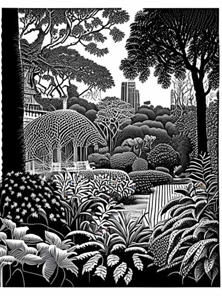 Brooklyn Botanic Garden, Usa Linocut Black And White Vintage