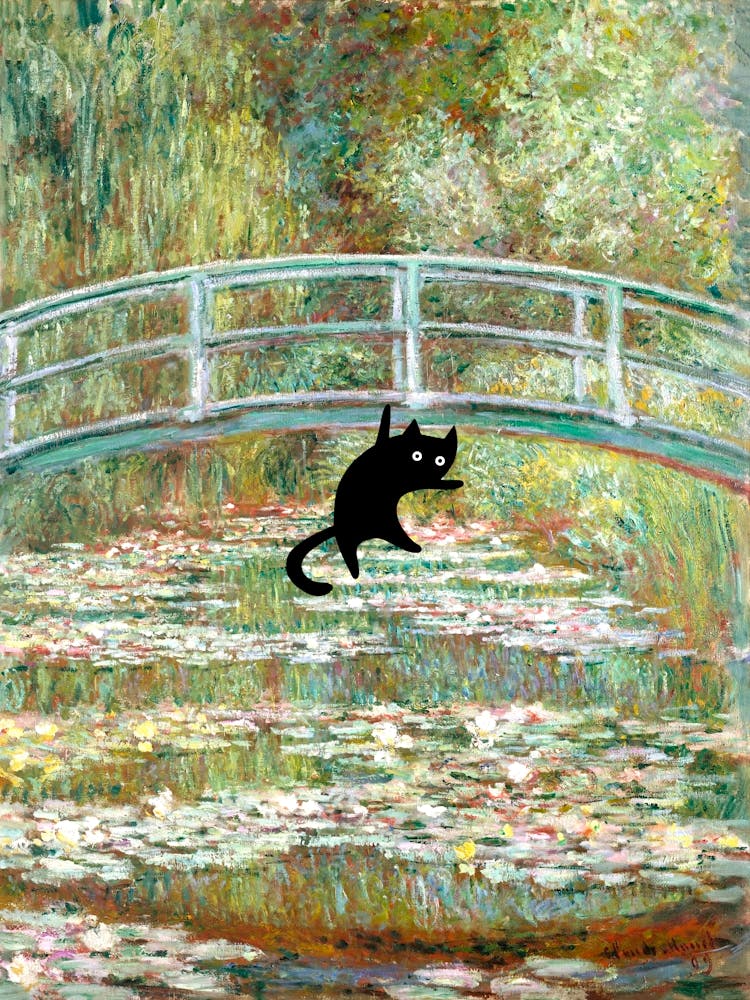 Monet Water Lily Pond With A Black Cat Funny Animals