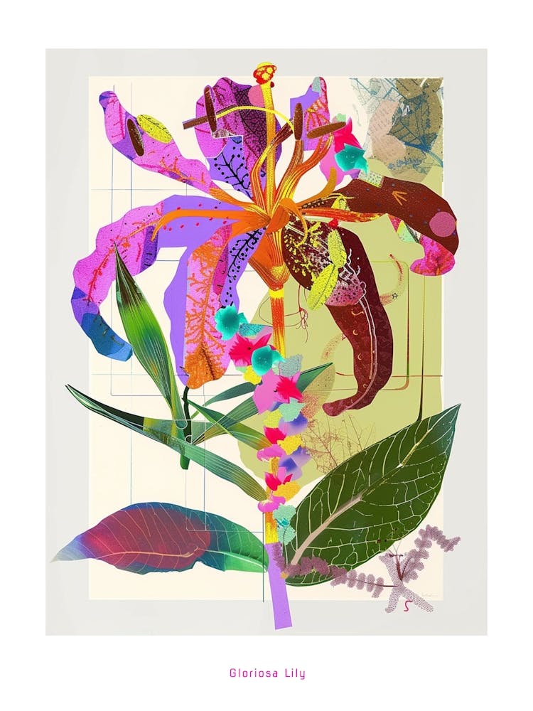 Gloriosa Lily 4 Neon Flower Collage Poster