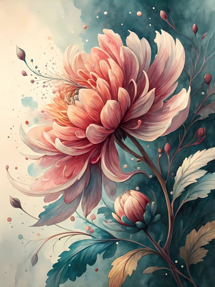 Oil Painting Style Petal Burst In Ink And Watercolor