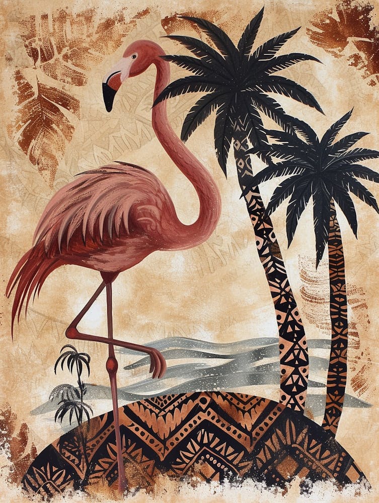 Greater Flamingo And Palm Trees Boho Print 2