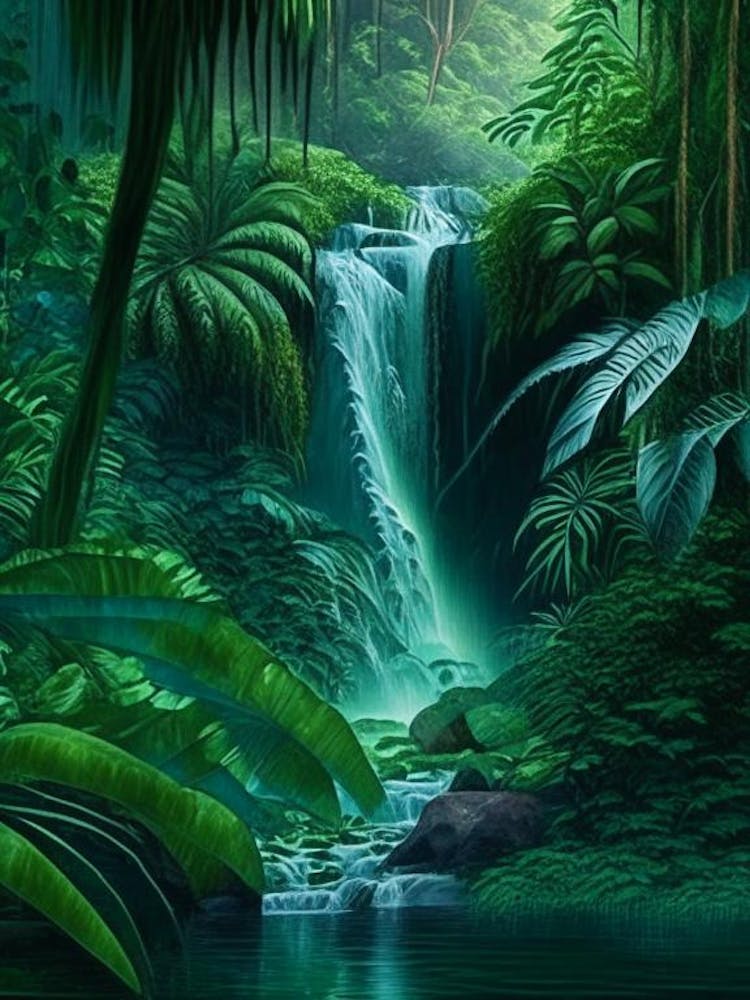 Waterfalls In A Jungle Waterscape Crayon 1