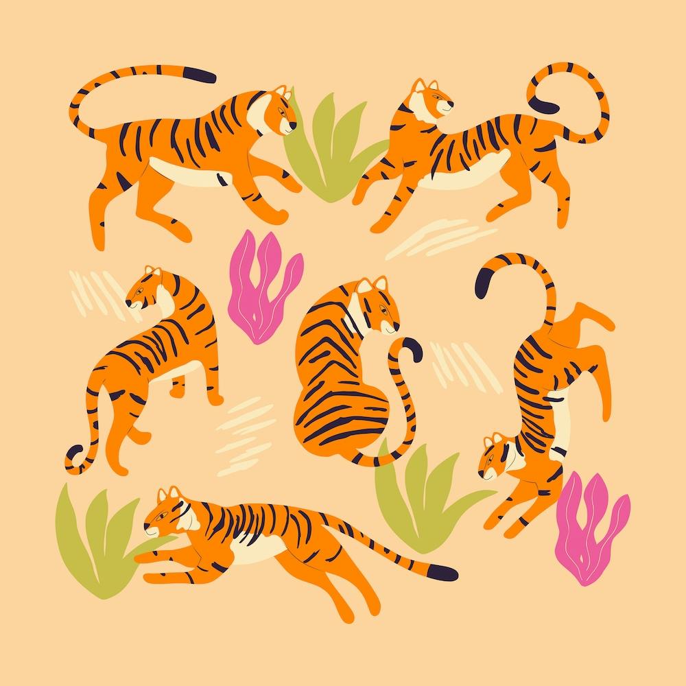 Tigers On Beige With Tropical Leaves Square
