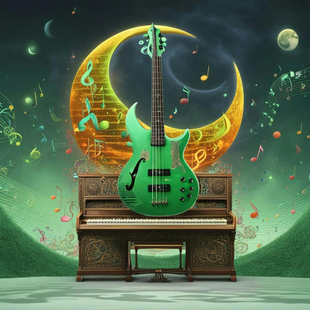 Green Guitar with Music Notes, Piano and Moon in Background