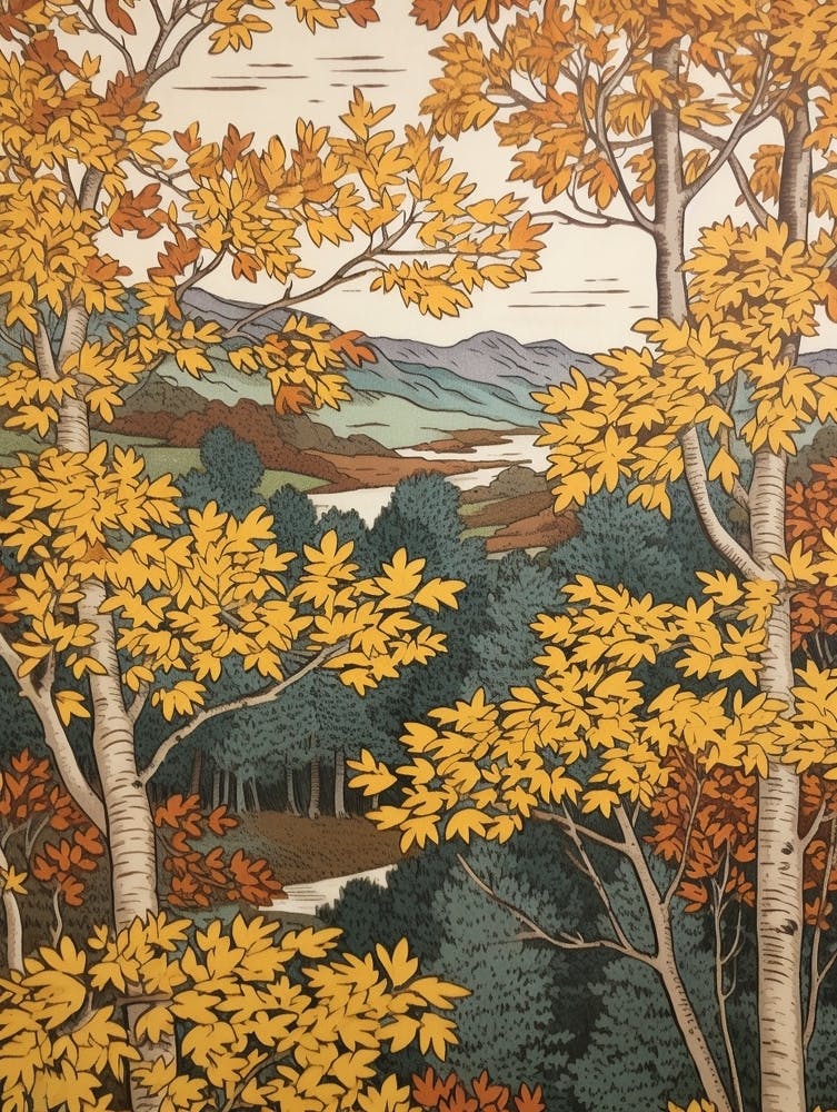 River Birch 4 Vintage Autumn Tree Print 