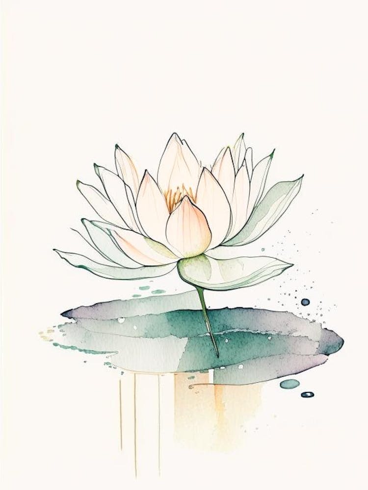 Blooming Lotus Flower In Pond Minimal Watercolour 2