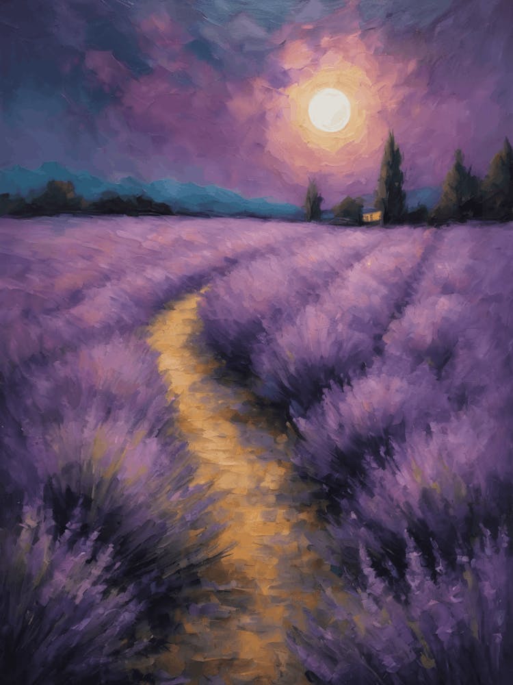 Moon Rise Over The Lavender Fields - Dark Gloomy Beautiful Enchanting Feature Art Wall Decor - Flowers