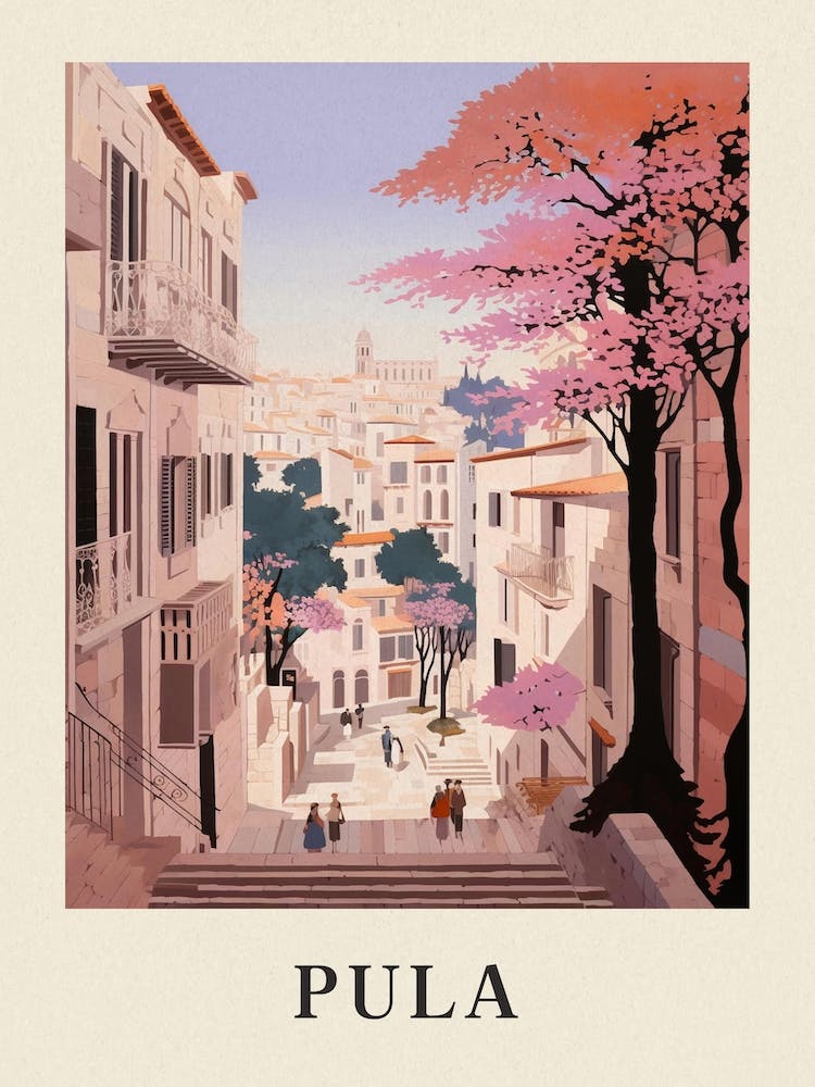 Pula Croatia 3 Vintage Pink Travel Illustration Poster