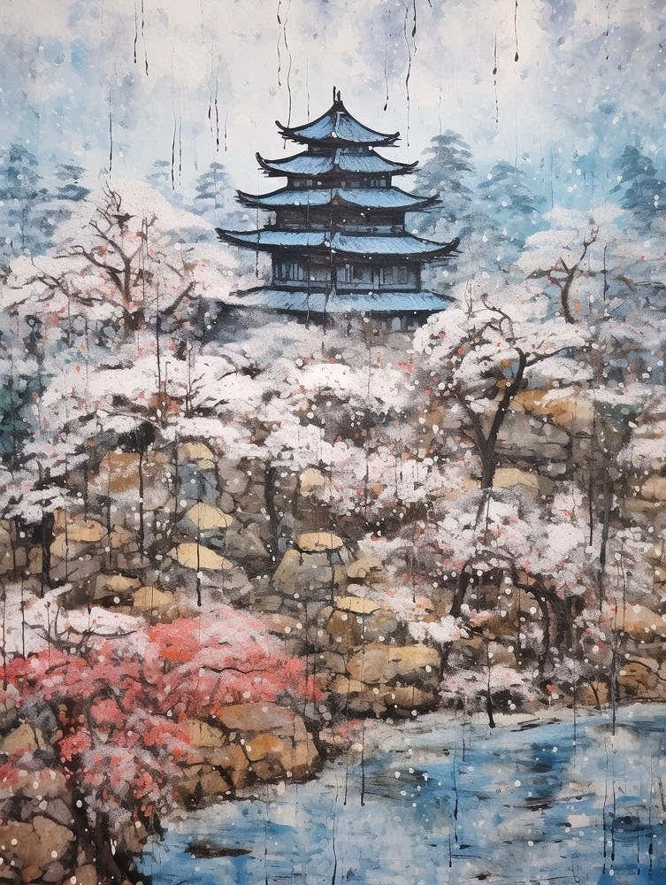 Winter City Park Painting Kenrokuen Garden Kanazawa Japan 1