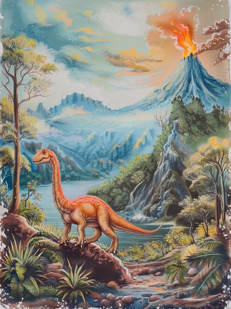 Dinosaurier & Der Vulkan Vintage Märchenbuch-Gemälde 2