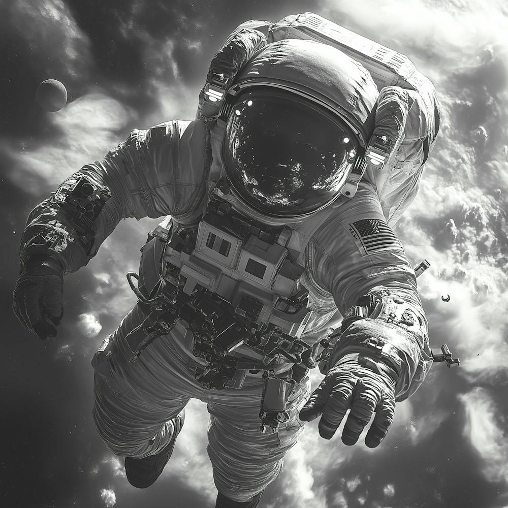 A Grayscale Image Of A Astronout Flying Through Space With The Planet Earth And Moon Of In The Distance