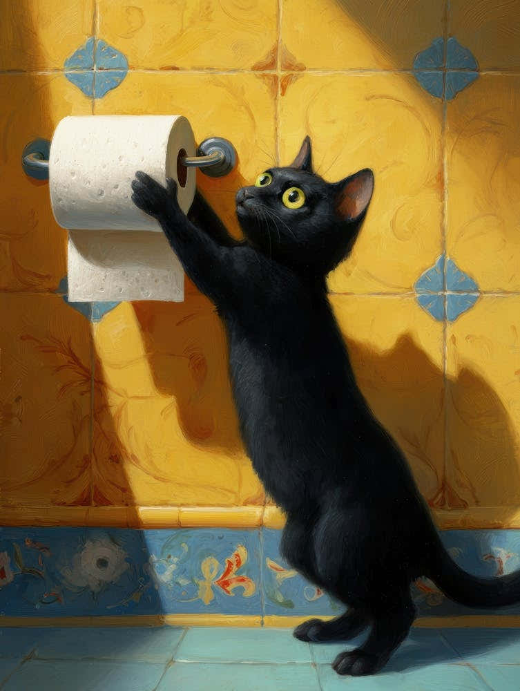 Black Cat Reaching For Toilet Paper