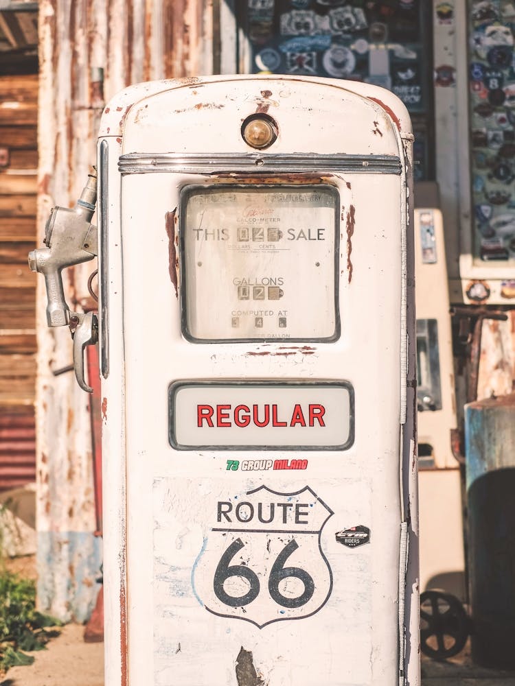 Route 66, USA I Vintage retro gas pump at Hackberry General Store in Arizona American countryside with a pastel white aesthetic photography on a road trip through the destroy American West coast to California