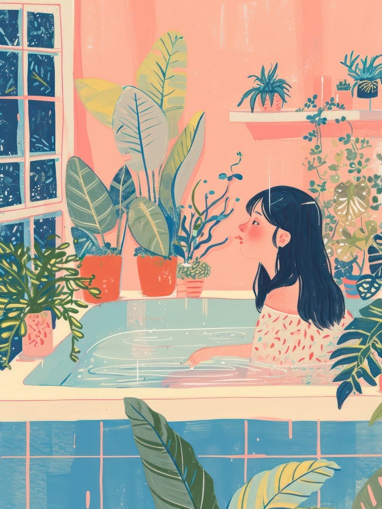 Girl Watering The Plants Kawaii Illustration 1
