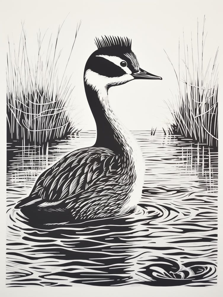 B&W Bird Linocut Grebe 2