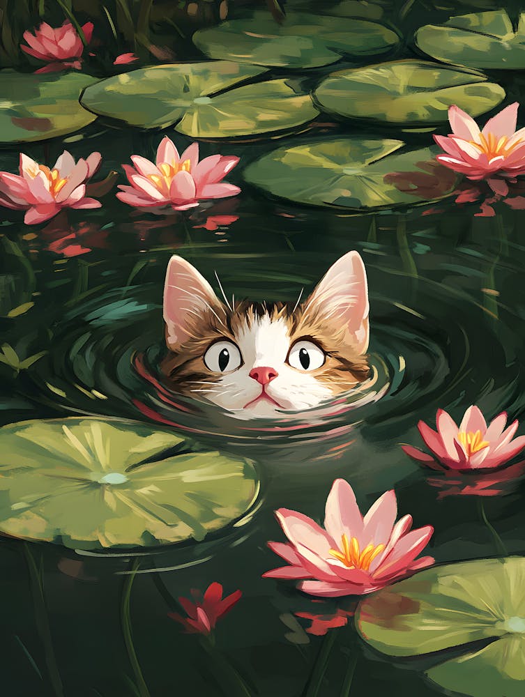 Cute Cat Swimming Among Water Lilies 15