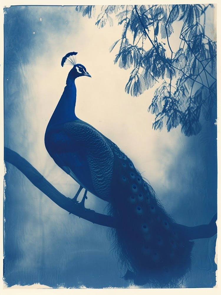 Peacock In The Tree Cyanotype Inspired 4