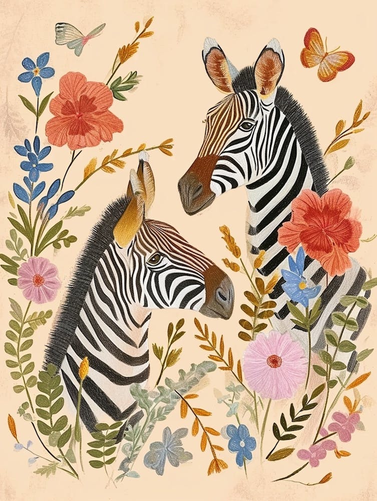 Folksy Floral Animal Drawing Zebra 3