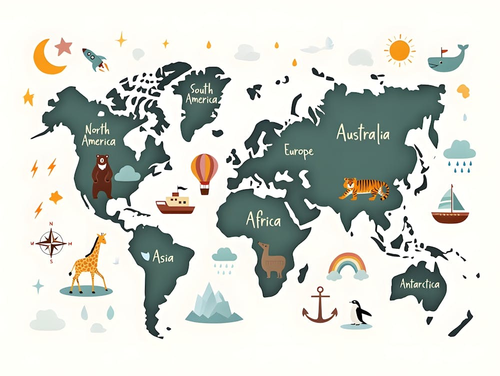 Kids Educational World Map - Animals & Continents