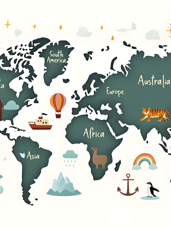 Kids Educational World Map - Animals & Continents