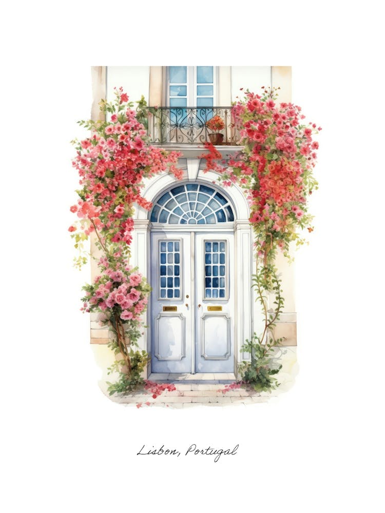 Lisbon, Portugal   Mediterranean Doors Watercolour Painting 3 Poster