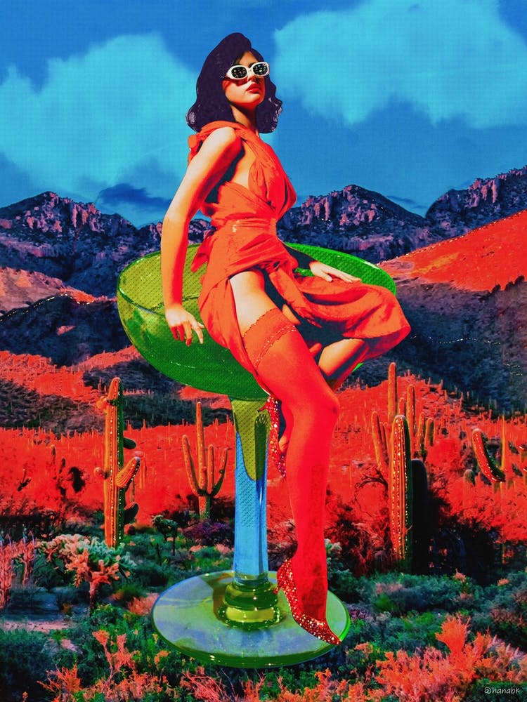 Vintage Pinup Desert Cocktail Collage Red & Blue