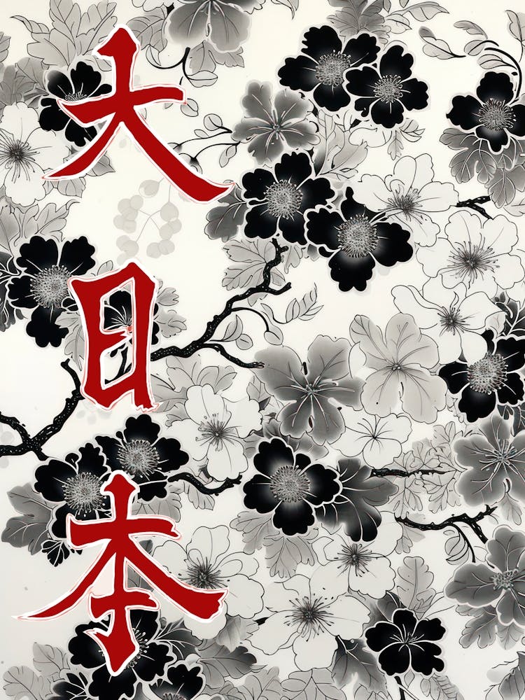 Hokusai Great Japan Poster Monochrome Flowers 11