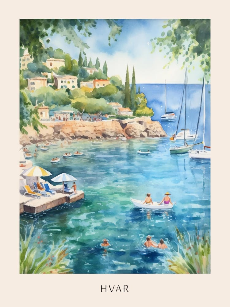 Swimming In Hvar Croatia 2 Watercolour Poster