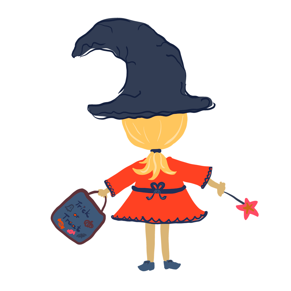 Little witch character with trick or treat bag, wizard hat and magic wand with blonde hair