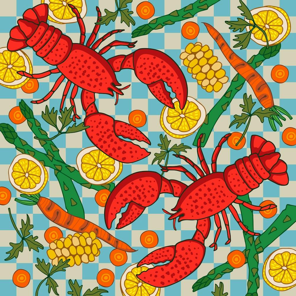 LOBSTER DINNER Red Crustacean Coastal Beach Shellfish Seafood on Checkerboard Food Kitchen