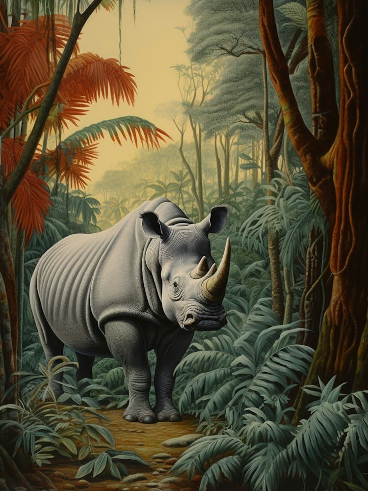 Rhino In The Trees At Sunset Realistic Illustration 2