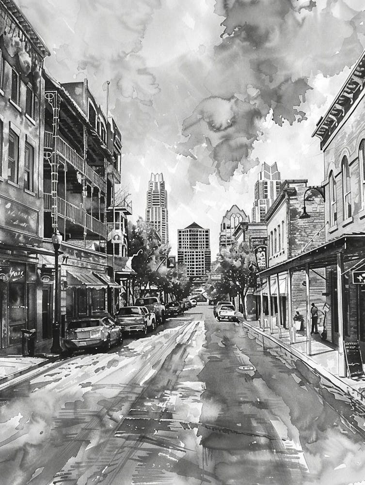 Rainey Street Historic District Austin Texas Schwarz-Weiß-Aquarell 2